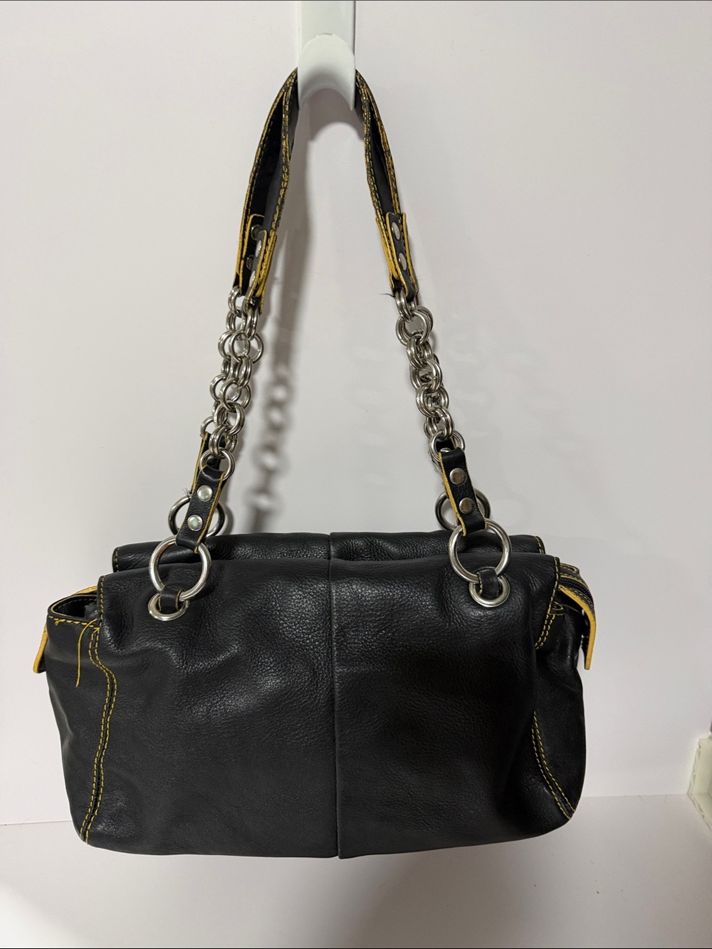 Maxx New York Black Shoulder Bag with Yellow Stitching and Chain Straps